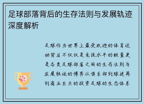 足球部落背后的生存法则与发展轨迹深度解析